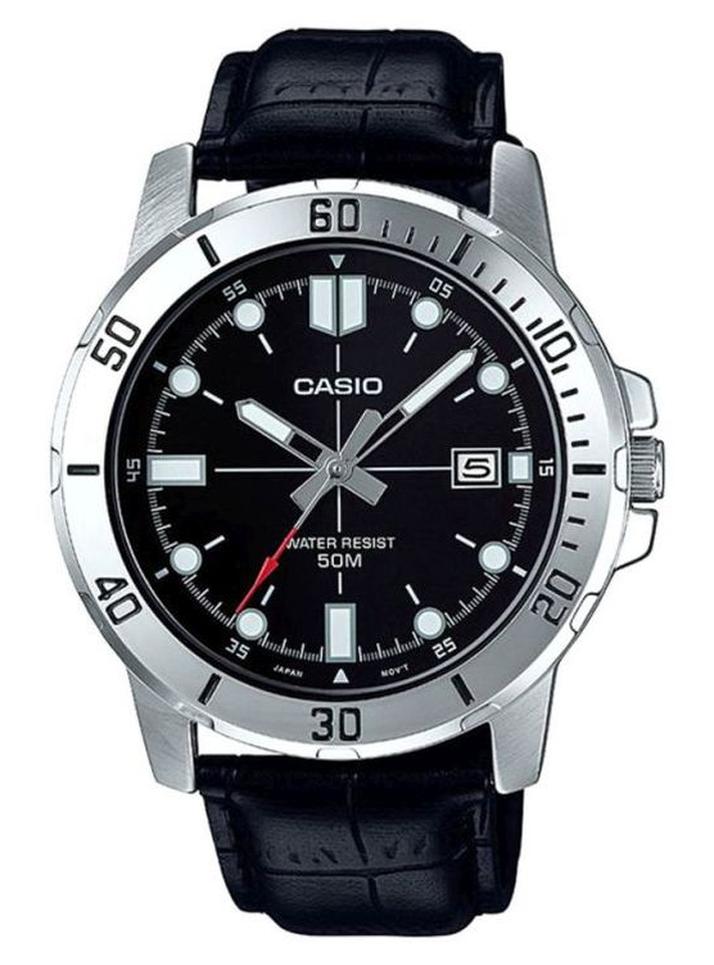 كاسيو ساعة يد بعقارب وسوار من الجلد مقاومة للماء طراز MTP-VD01L-1EVUDF - 45 مم - أسود للرجال - Image 1