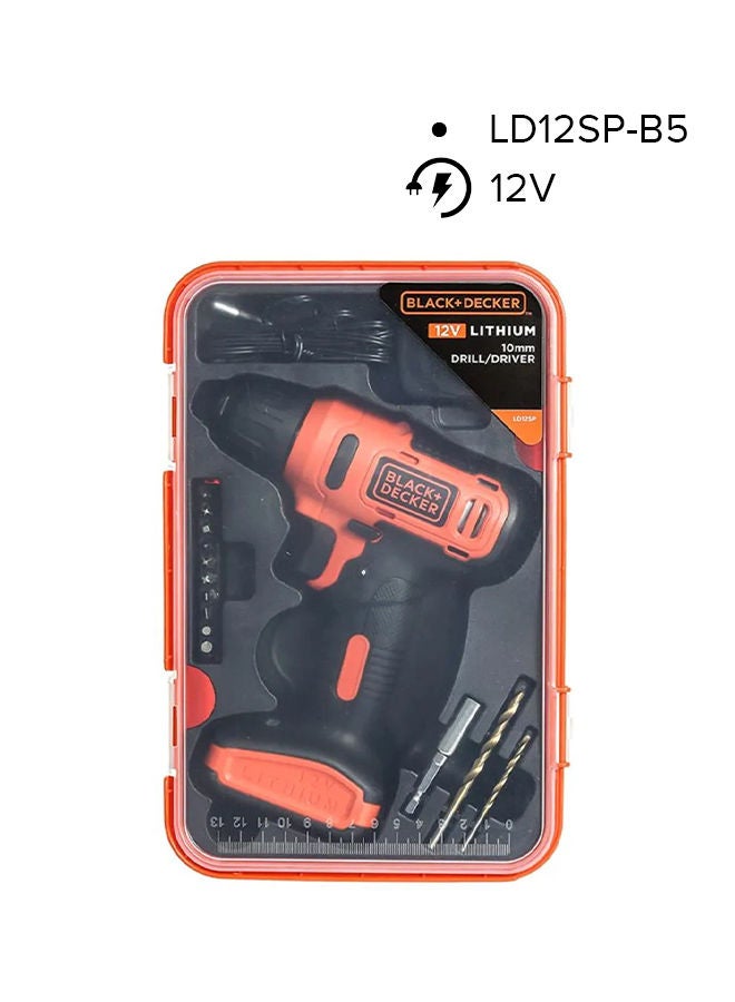 BLACK+DECKER Cordless Drill Driver, 12V 1.5Ah, 900 RPM, 13 Piece Bits, Kitbox, For Drilling & Fastening, LED Light, Soft Grip, Variable Speed, Lightweight, Compact Storage, Orange/Black - LD12SP-B5 Orange/Black 32 x 6.8 x 12cm - Image 1