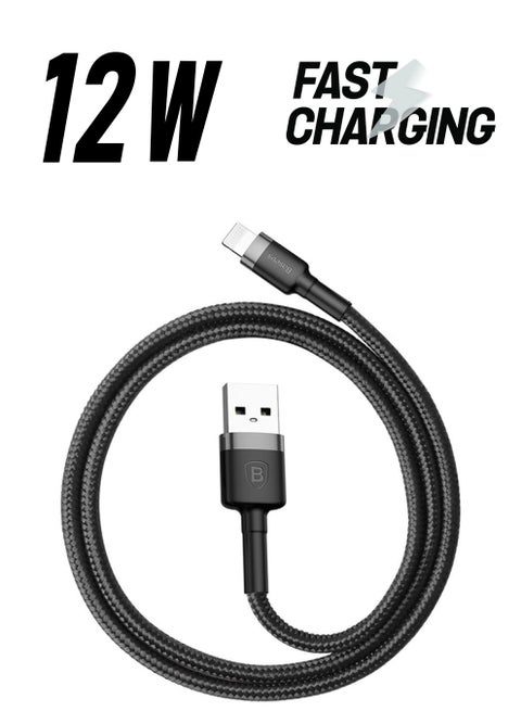 USB to Lightning Charging Cable Cafule Nylon Braided High-Density Quick Charge Compatible for iPhone 13 12 11 Pro Max Mini XS X 8 7 6 5 SE iPad (1 Meter, 2.4 A) Grey/Black