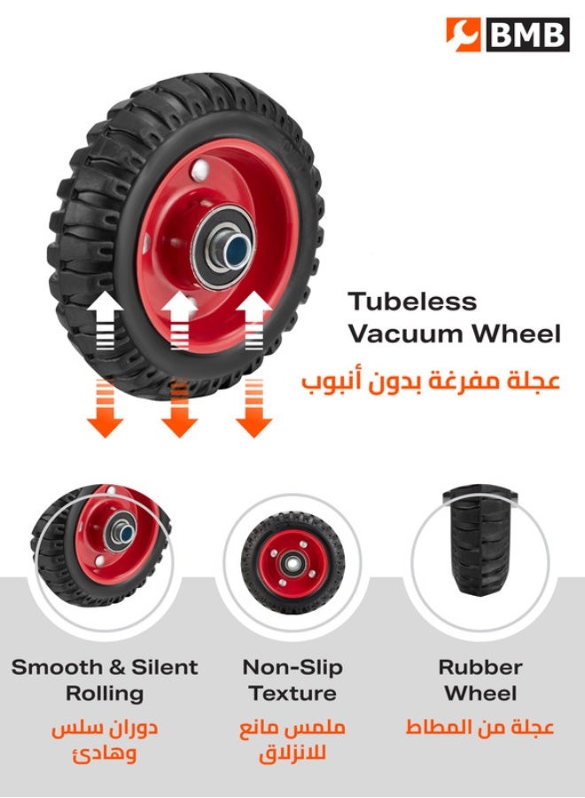 BMB tools 8-Inch Heavy Duty Wheel - 420kg Load Capacity Treaded Rubber Wheel for Stable, Quiet Rolling on Hand Trucks, Trolleys, Warehouse Carts, and Utility Equipment Black/Red 8inch - Image 4