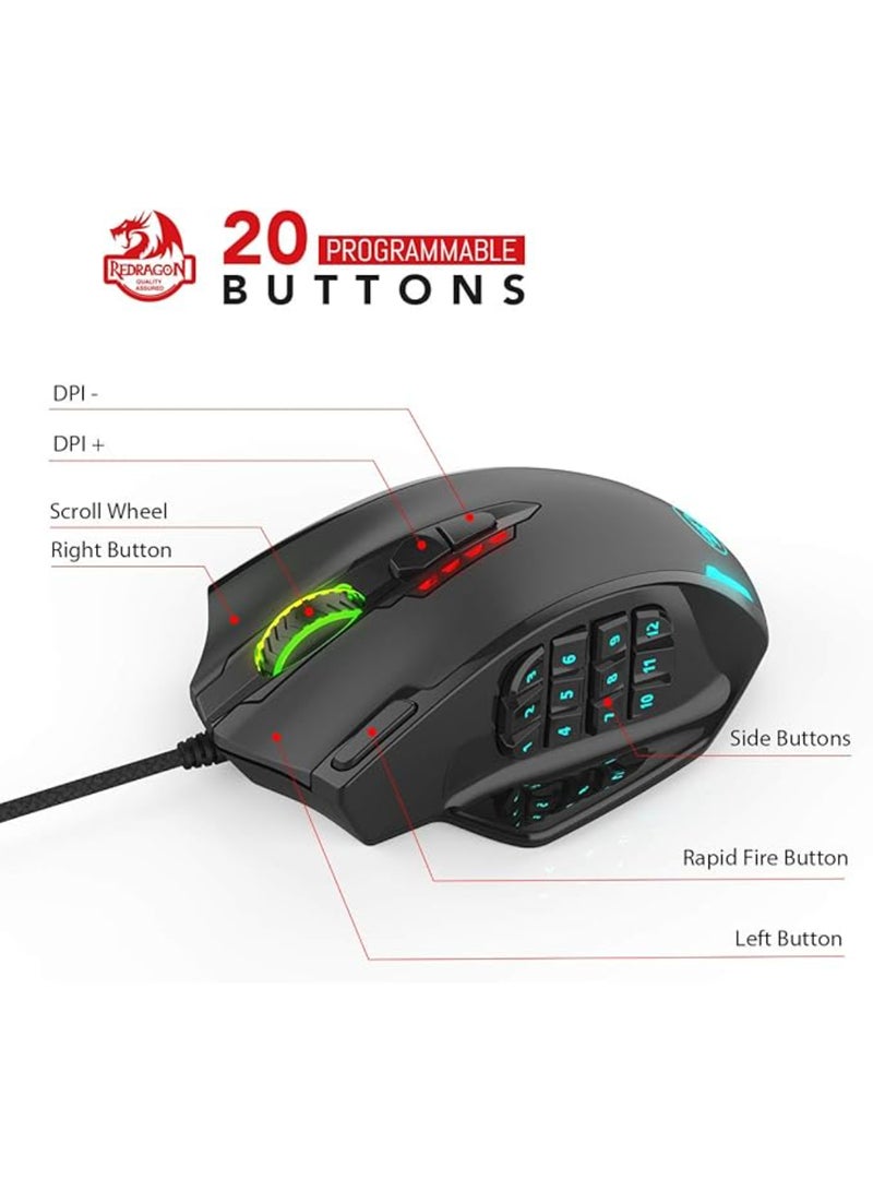 REDRAGON - M908 Impact RGB LED MMO Mouse with Side Buttons Optical Wired Gaming Mouse with 12,400DPI, High Precision, 20 Programmable Mouse Buttons - Image 1