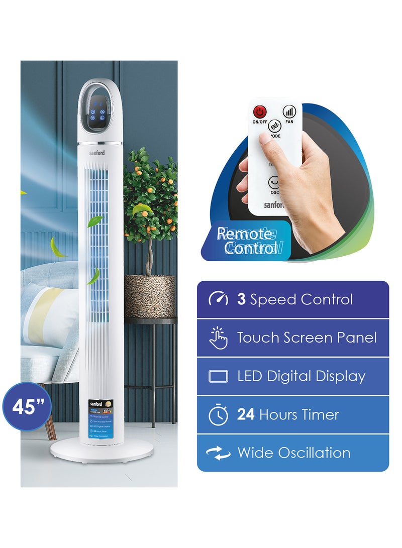 Sanford - Portable and Slim 45 inch Tower Fan, Powerful Cooler, Touch Screen LED Display and Remote Control, 50W SF6701TRF BS Black - Image 1