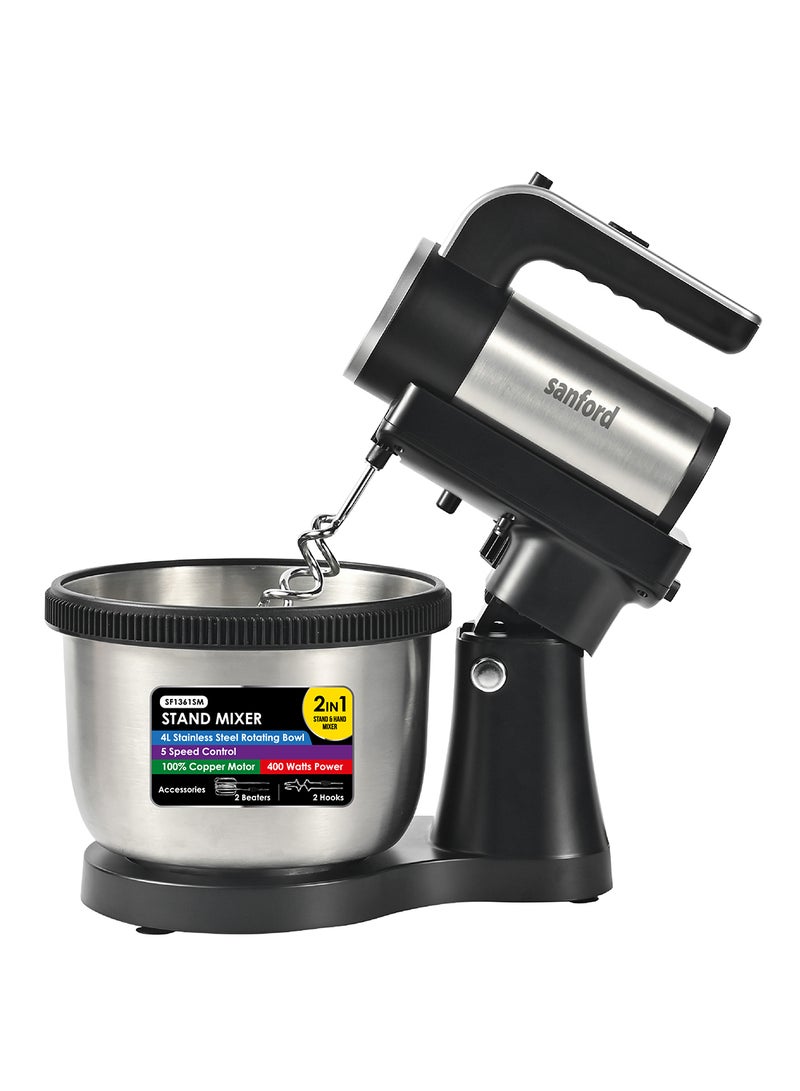 Sanford - 2 in 1 Stand with Detachable Hand Mixer, Stainless Steel Rotating Bowl, 5 Speed Control, Copper Motor 4 L 400 W SF1361SM BS Multicolour - Image 1