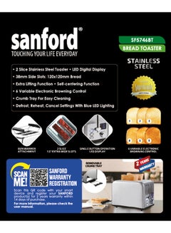 Sanford BREAD TOASTER 2 SLICE WITH BUN WARMER 1050 W SF5746BT BS Silver  - Image 5