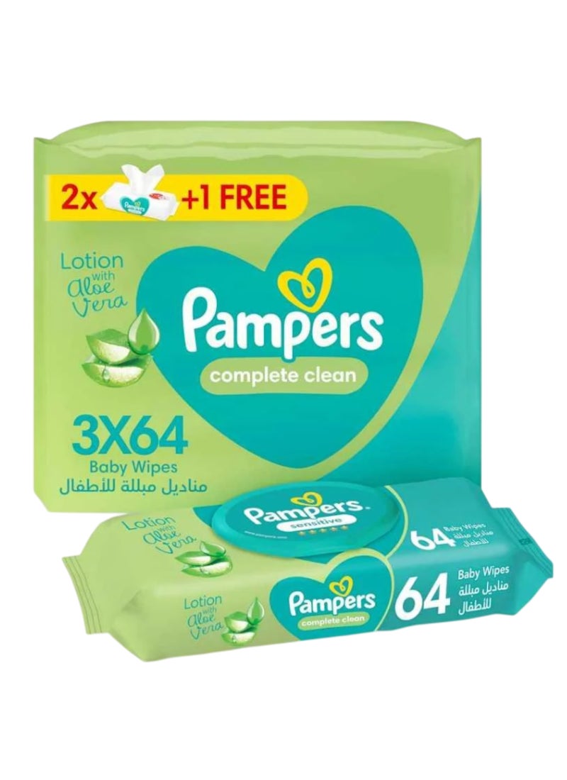 Pampers Baby Wet Wipes, 64 Wipes × 2+1 Free - Image 1
