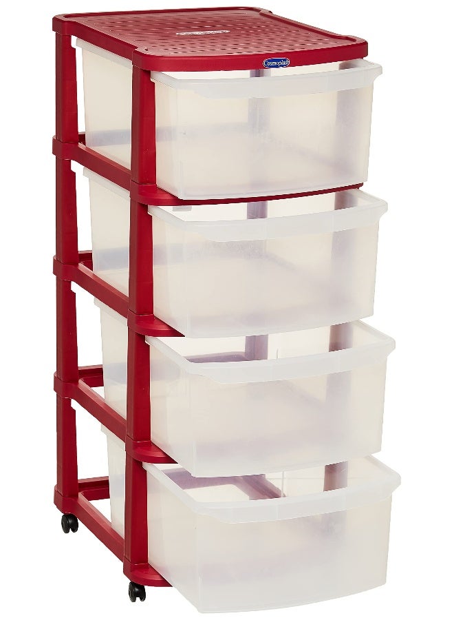 Cosmoplast - 4 Tiers Multipurpose Storage Cabinet With Wheels  Dark Red With Translucent Drawers Dark Red - Image 1