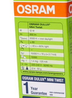 Osram Osram 12W Dulux Mini Twist Energy Saver Bulb E14 Base 6500K 650lm White  - Image 4