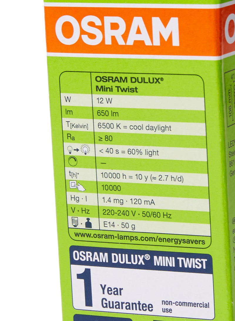 Osram Osram 12W Dulux Mini Twist Energy Saver Bulb E14 Base 6500K 650lm White  - Image 4