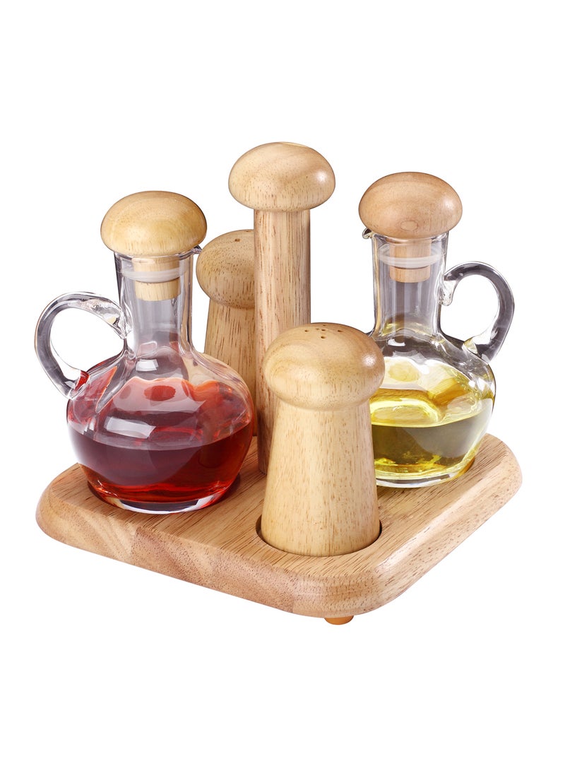 Billi Glass Oil & Vinegar Bottle Set with Wooden Cover, Salt & Pepper Shakers and Stand – Elegant Condiment Serving & Kitchen Organization Set Beige/Clear - Image 1