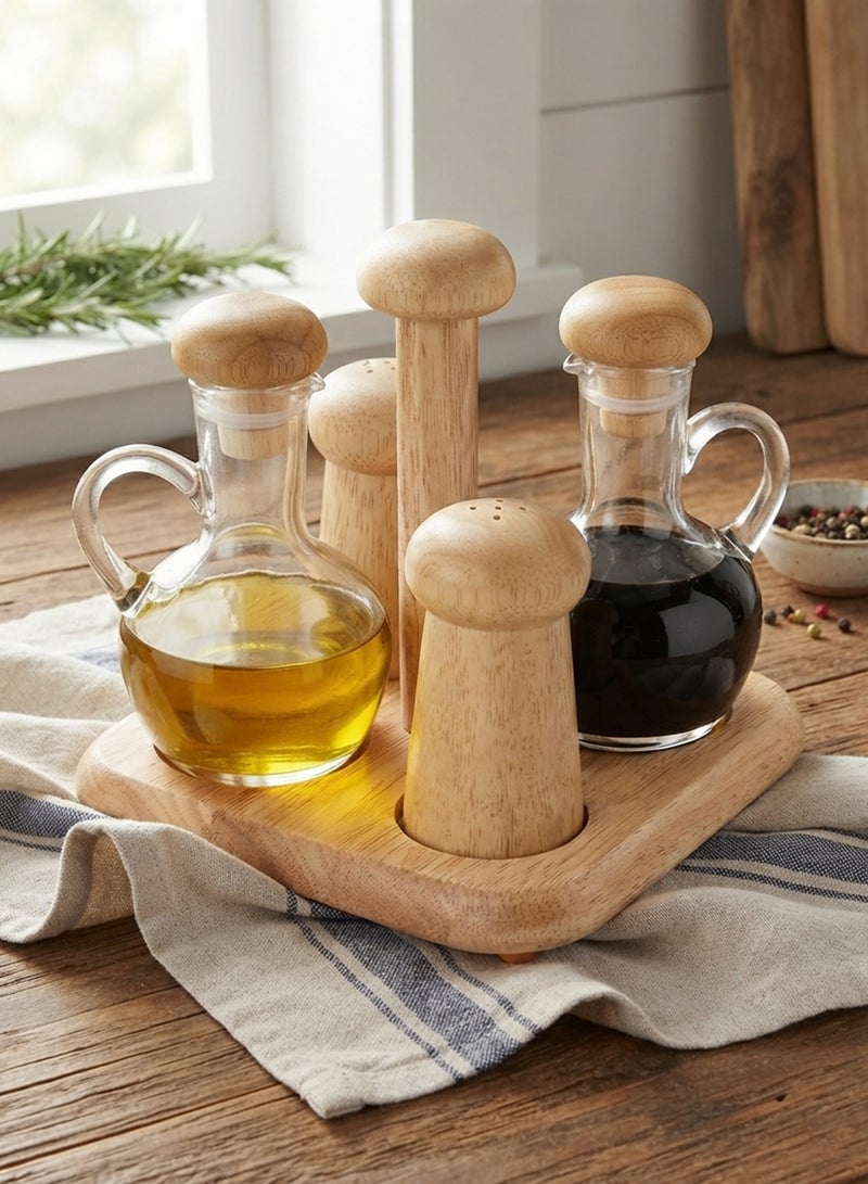 Billi Glass Oil & Vinegar Bottle Set with Wooden Cover, Salt & Pepper Shakers and Stand – Elegant Condiment Serving & Kitchen Organization Set Beige/Clear - Image 4