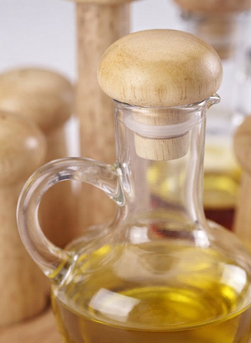 Billi Glass Oil & Vinegar Bottle Set with Wooden Cover, Salt & Pepper Shakers and Stand – Elegant Condiment Serving & Kitchen Organization Set Beige/Clear - Image 3