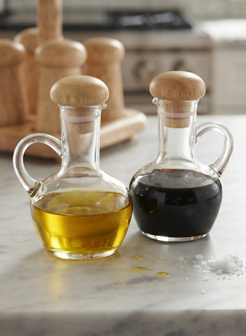 Billi Glass Oil & Vinegar Bottle Set with Wooden Cover, Salt & Pepper Shakers and Stand – Elegant Condiment Serving & Kitchen Organization Set Beige/Clear - Image 5