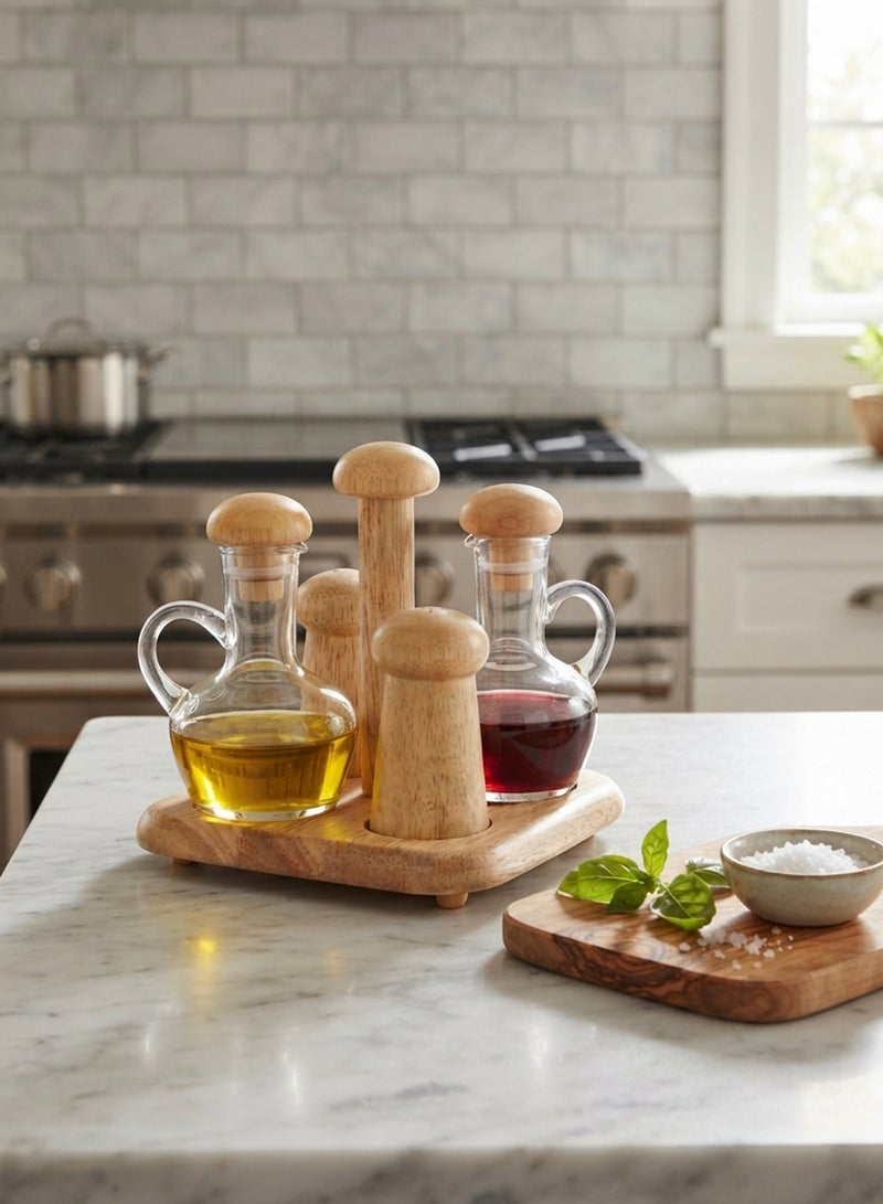 Billi Glass Oil & Vinegar Bottle Set with Wooden Cover, Salt & Pepper Shakers and Stand – Elegant Condiment Serving & Kitchen Organization Set Beige/Clear - Image 2