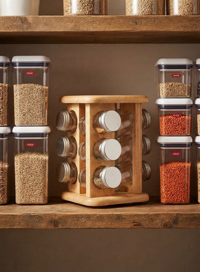 BILLI 12-Piece Spice Bottle With Lid And Rotating Stand Beige/Silver/Clear 15.5x15.5x22.5cm - Image 3