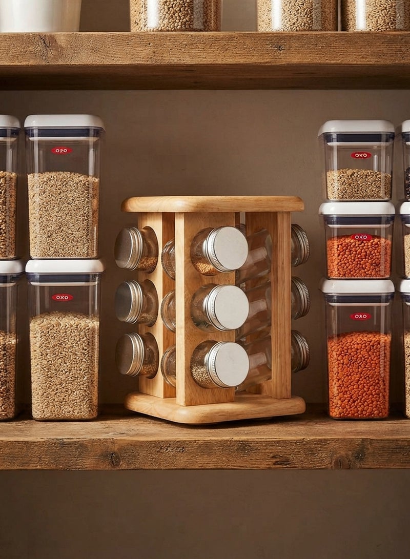 Billi 12-Piece Spice Bottle Set with Aluminium Lids & Rotating Wooden Stand – Glass Spice Jars Organizer Rack, Multi-Colour, 15 x 22.5 x 15 cm Beige/Silver/Clear 15.5x15.5x22.5cm - Image 3