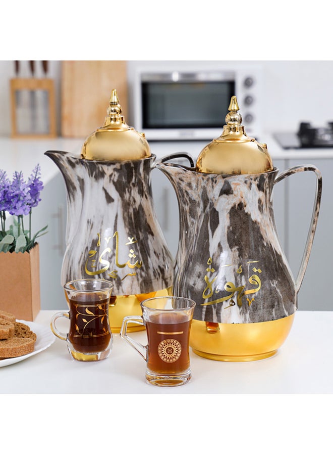 Royalford Royal Marble Tea And Cawa Set 1+1L Pink Glass Inner Multicolor Arabic Calligraphy Print  - Image 4