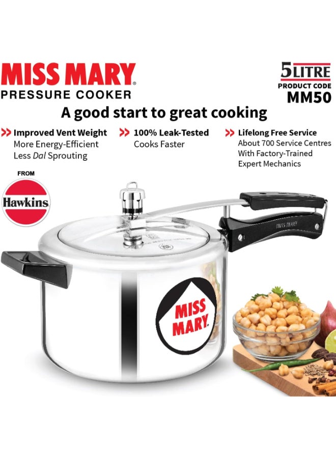 Hawkins Miss Mary Aluminium Pressure Cooker with Inner Lid (MM50), Silver Silver 5Liters - Image 2