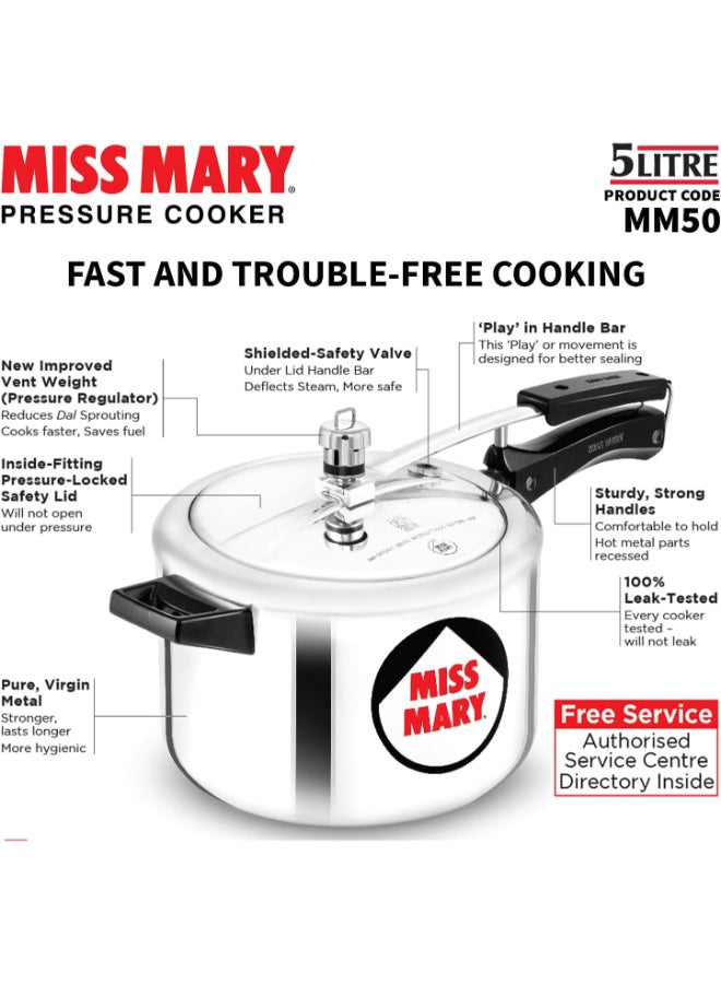Hawkins Miss Mary Aluminium Pressure Cooker with Inner Lid (MM50), Silver Silver 5Liters - Image 5