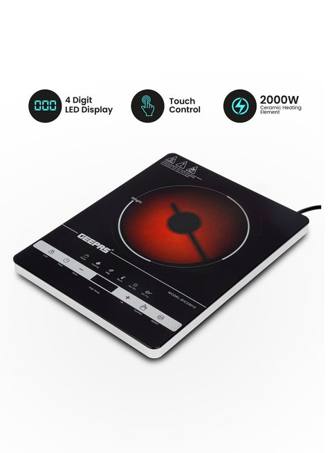 Digital Infrared Cooker With 2000W Ceramic Heating Element, 4 Digit LED Display, Touch Control, 10 Power/Temperature Levels For Adjustment, 3hr Programmable Timer GIC33013 Black/White/Red