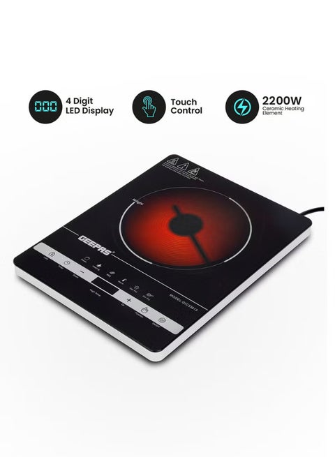 Digital Infrared Cooker- GIC33013/ Single Cooking Hob with Ceramic Heating Element, 2200W Power, 4-Digit LED Display & Touch Control/ 10 Adjustable Power & Temperature Levels, 3hr Timer, Multi-Function Cooking (Hot Pot, Soup, Fry, BBQ, etc.), Energy Saving 2200 W GIC33013 Black/White/Red
