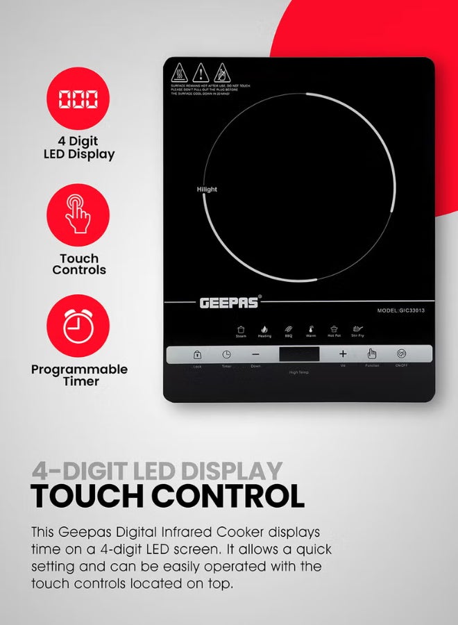 جيباس طباخ رقمي يعمل بالأشعة تحت الحمراء مع شاشة LED مكونة من 4 أرقام و8 إعدادات لدرجة الحرارة ومؤقت قابل للبرمجة لمدة 3 ساعات وعنصر تسخين سيراميك GIC33013 أسود 2200 W GIC33013 أسود - Image 3