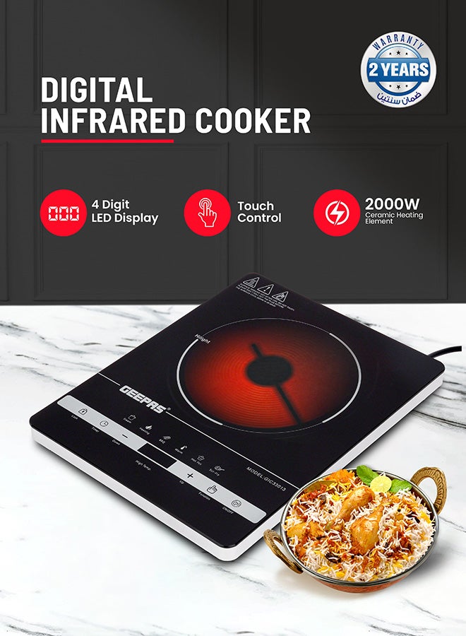 GEEPAS Digital Infrared Cooker- GIC33013/ Single Cooking Hob with Ceramic Heating Element, 2200W Power, 4-Digit LED Display & Touch Control/ 10 Adjustable Power & Temperature Levels, 3hr Timer, Multi-Function Cooking (Hot Pot, Soup, Fry, BBQ, etc.) GIC33013 Black - Image 1