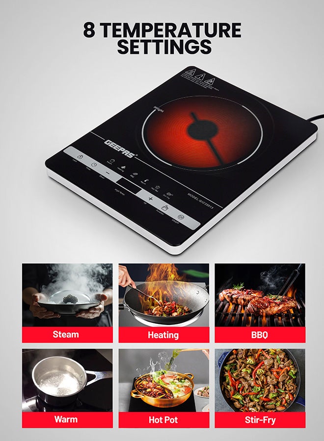 GEEPAS Digital Infrared Cooker- GIC33013/ Single Cooking Hob with Ceramic Heating Element, 2200W Power, 4-Digit LED Display & Touch Control/ 10 Adjustable Power & Temperature Levels, 3hr Timer, Multi-Function Cooking (Hot Pot, Soup, Fry, BBQ, etc.) GIC33013 Black - Image 3