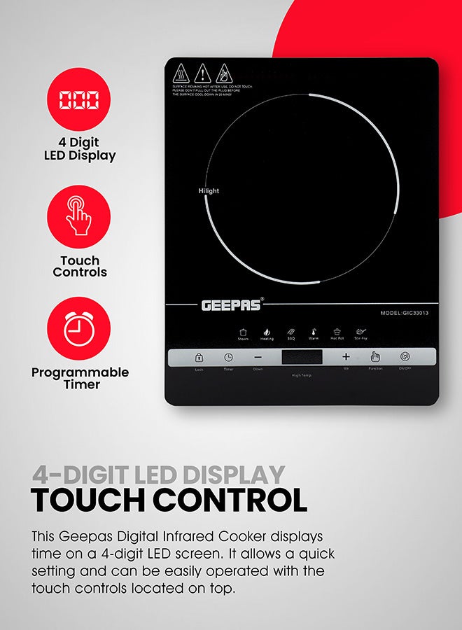 GEEPAS Digital Infrared Cooker- GIC33013/ Single Cooking Hob with Ceramic Heating Element, 2200W Power, 4-Digit LED Display & Touch Control/ 10 Adjustable Power & Temperature Levels, 3hr Timer, Multi-Function Cooking (Hot Pot, Soup, Fry, BBQ, etc.) GIC33013 Black - Image 2