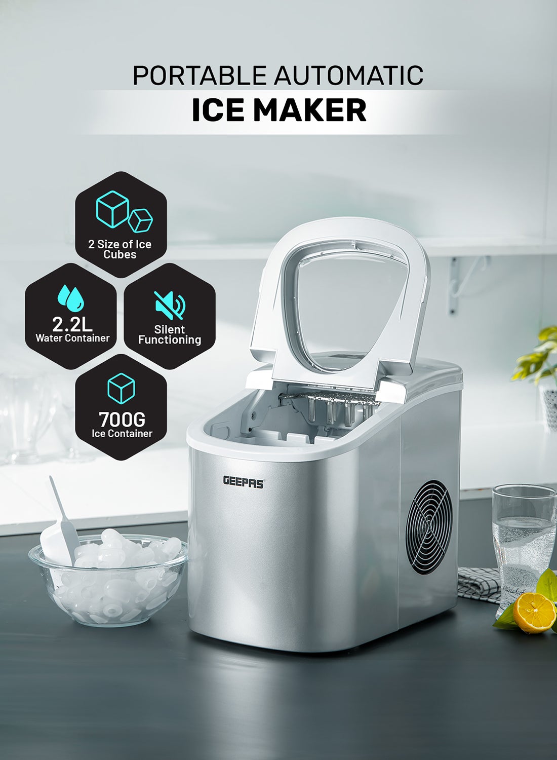 GEEPAS Portable Automatic Ice Maker 12Kg in 24hrs Two Sizes Ice