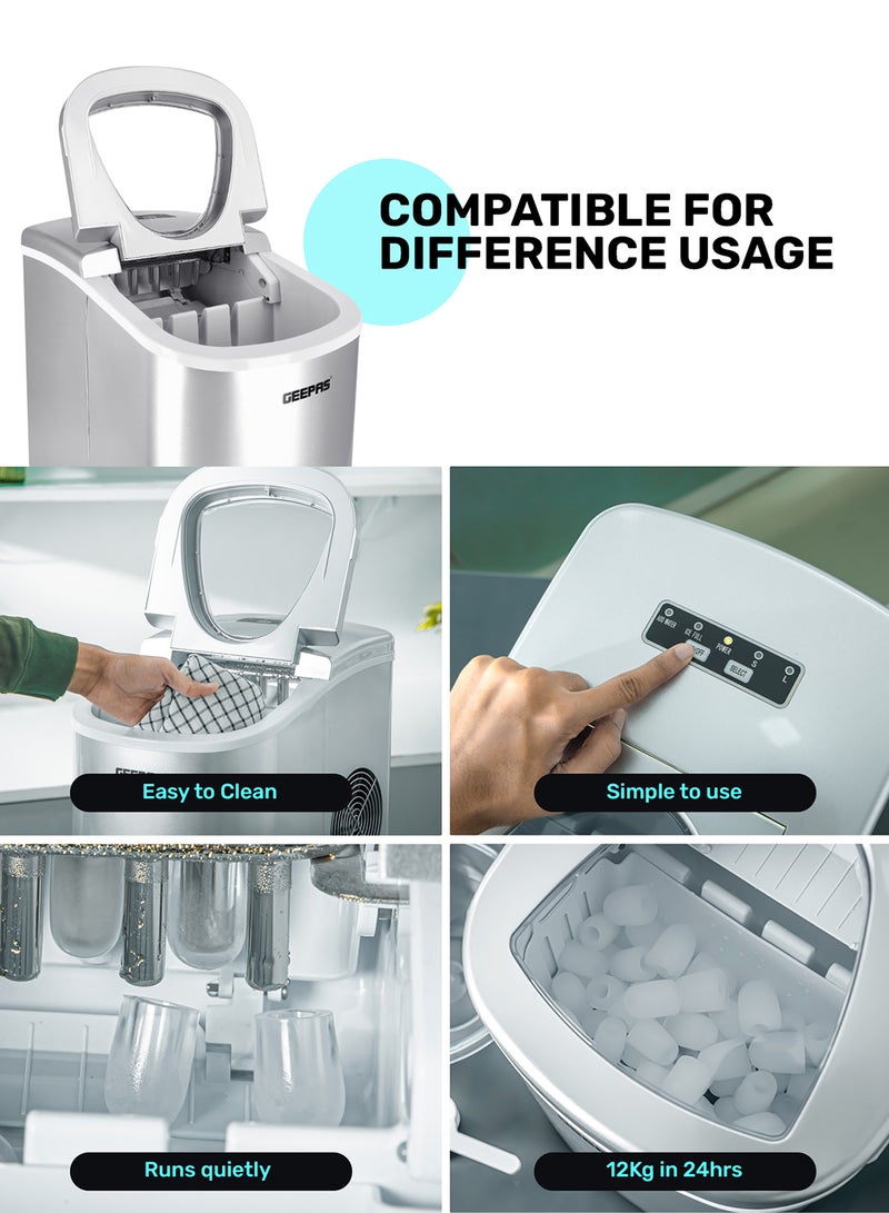 GEEPAS - Portable Automatic Ice Maker 12Kg in 24hrs | Two Sizes Ice Cube | Auto Shut Off | Portable Ice Maker | Electric Ice Maker for Home/ Kitchen/ Office/ Bar/ Party 2.2 L 100 W GIM63015UK Silver - Image 1