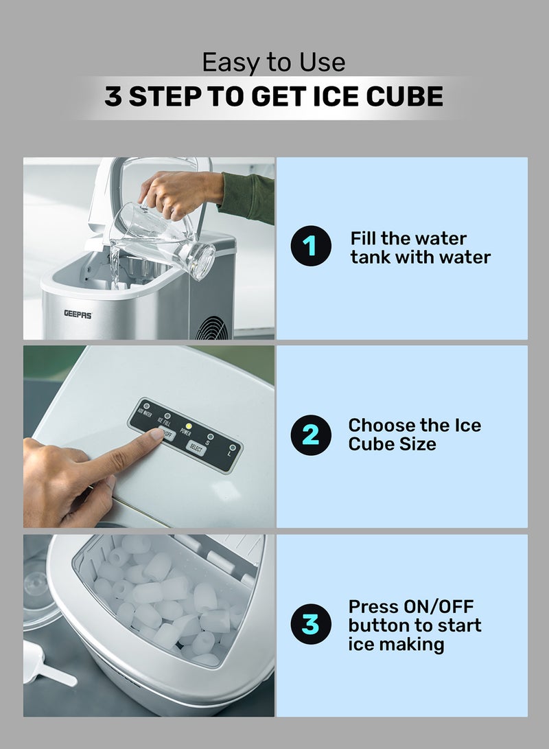 GEEPAS - Portable Automatic Ice Maker 12Kg in 24hrs | Two Sizes Ice Cube | Auto Shut Off | Portable Ice Maker | Electric Ice Maker for Home/ Kitchen/ Office/ Bar/ Party 2.2 L 100 W GIM63015UK Silver - Image 1