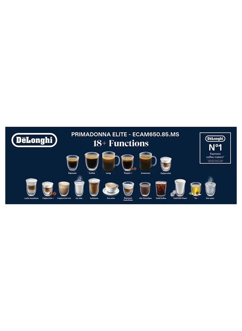 De'Longhi PrimaDonna Elite, 19 Bar, Built in Grinder, Automatic cleaning, 1 L 1450 W ECAM650.85.MS Silver