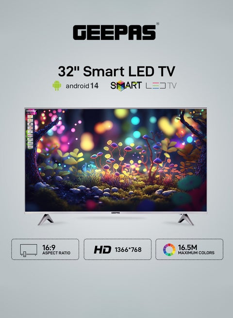 32 Inch HD Smart LED TV With Remote Control, HDMI And USB Ports, Head Phone Jack, PC Audio In ,Wi-Fi, Android 14.0 With E-Share,YouTube Etc GLED3202SCHD Black