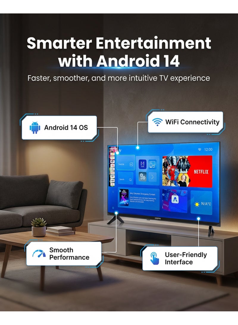 جيباس تلفزيون LED ذكي عالي الدقة مقاس 32 بوصة مع جهاز تحكم عن بعد ومنافذ HDMI وUSB ومقبس سماعة رأس ومدخل صوت للكمبيوتر الشخصي وواي فاي ونظام Android 13.0 مع مشاركة إلكترونية ويوتيوب وما إلى ذلك GLED3202SEHD أسود GLED3202SCHD أسود - Image 4