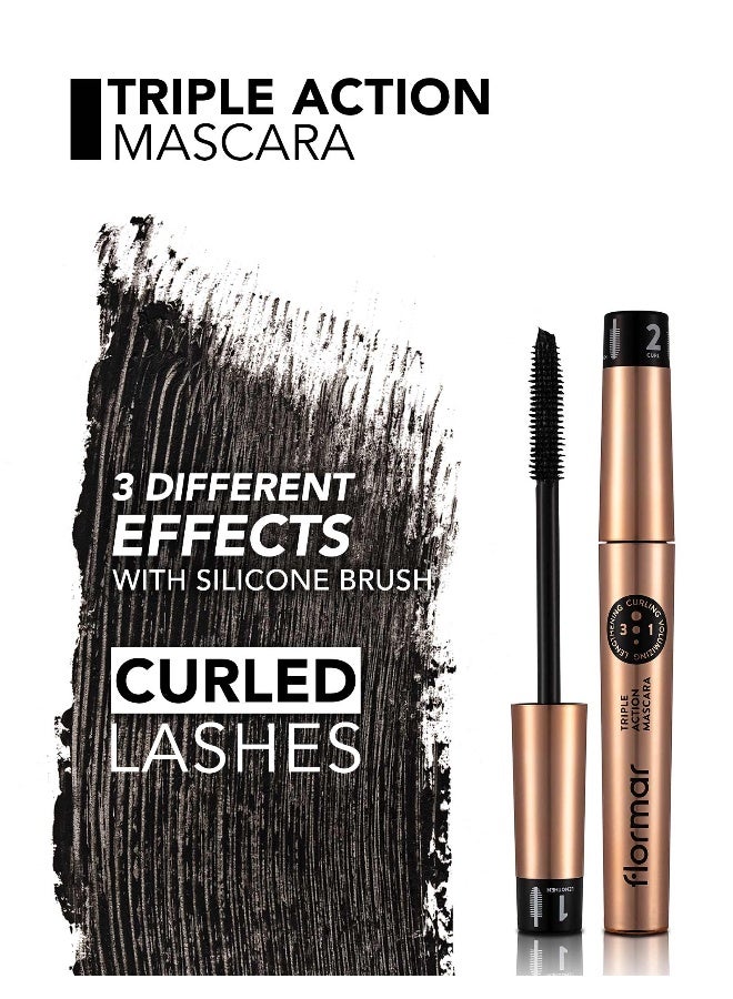 flormar Triple Action Mascara – Length Volume & Curl Boost, Buildable Lash Impact, Smudge-Resistant All-Day Wear Black - Image 5