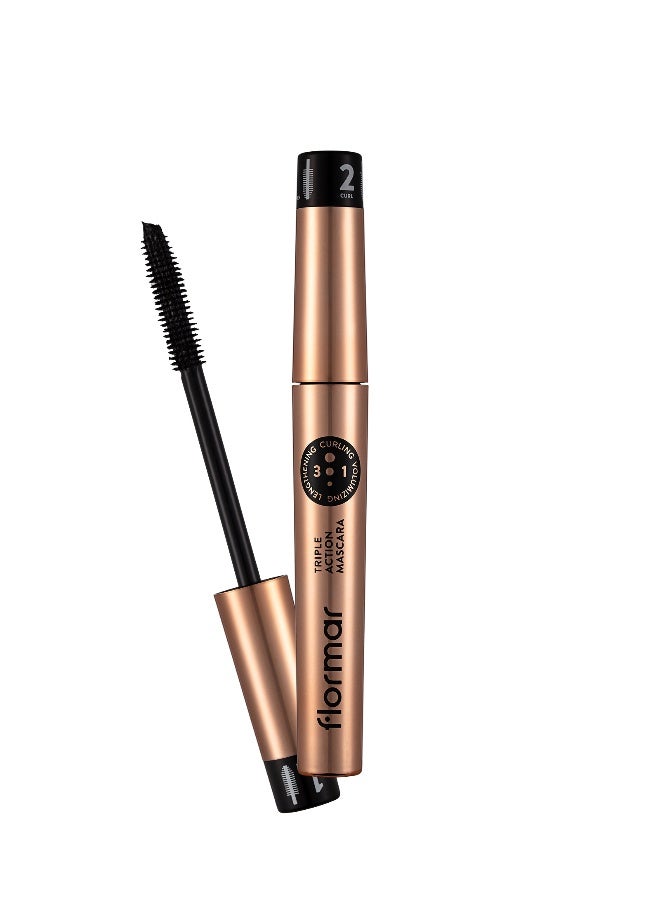 flormar Triple Action Mascara – Length Volume & Curl Boost, Buildable Lash Impact, Smudge-Resistant All-Day Wear Black - Image 1