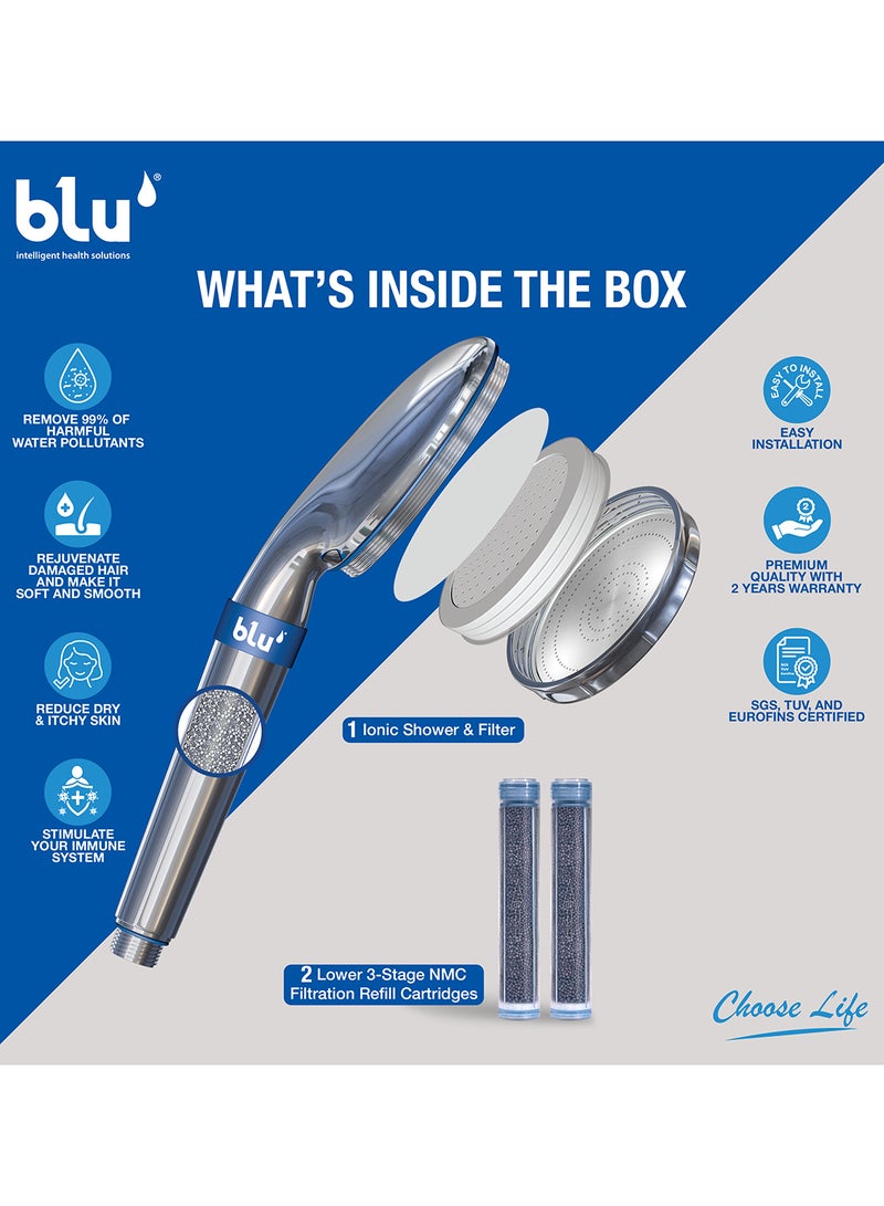 Blu Handheld Shower Filter and Shower Head For Skin And Haircare Removes Chlorine And Harmful Pollutants Prevent Hair Loss And Moisturize Your Skin Chrome Plated - Image 2