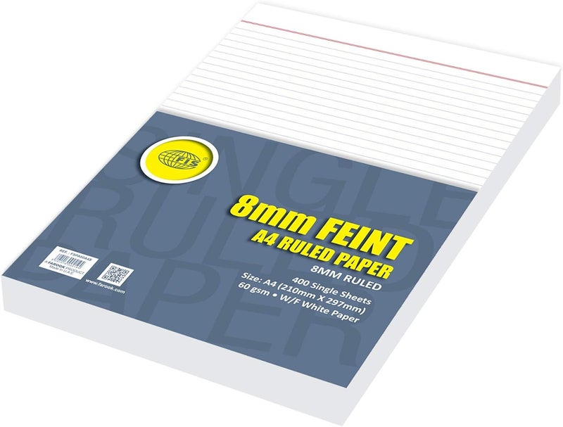 FIS Single 8 mm Feint Ruled Paper, 400 Sheets, A4 Size A4 - Image 1
