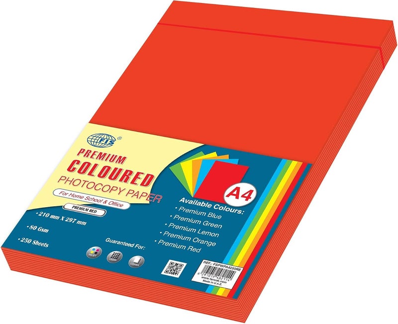 FIS Premium Coloured Photocopy Paper, A4 Size, 250 Sheets, 80 GSM, Premium Red - Image 1