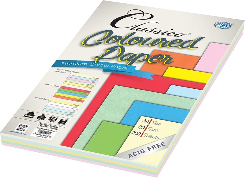 FIS Classico Premium Coloured Paper, A4 Size, 200 Sheets, 80 GSM, Assorted Colors A4 - Image 1