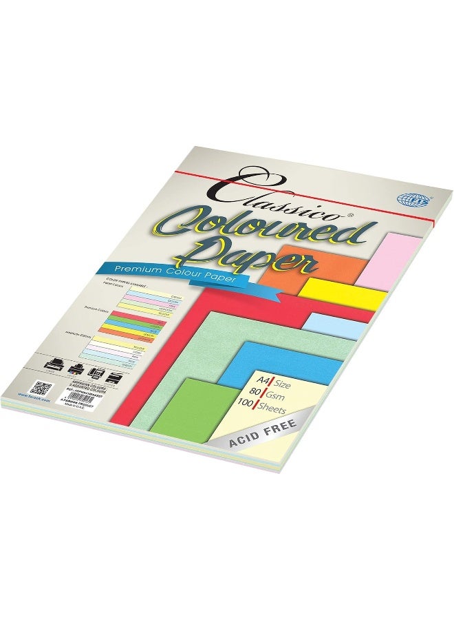 FIS Classico Coloured Paper - 100 Sheets, A4 Size, 80 GSM, Assorted Colors
