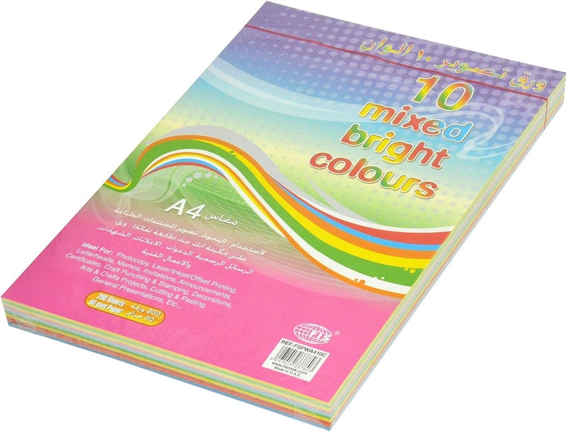 FIS Color Photocopy Paper, 200 Sheets, 80 GSM, A4 Size, 10 Mixed Bright Colors A4 - Image 1