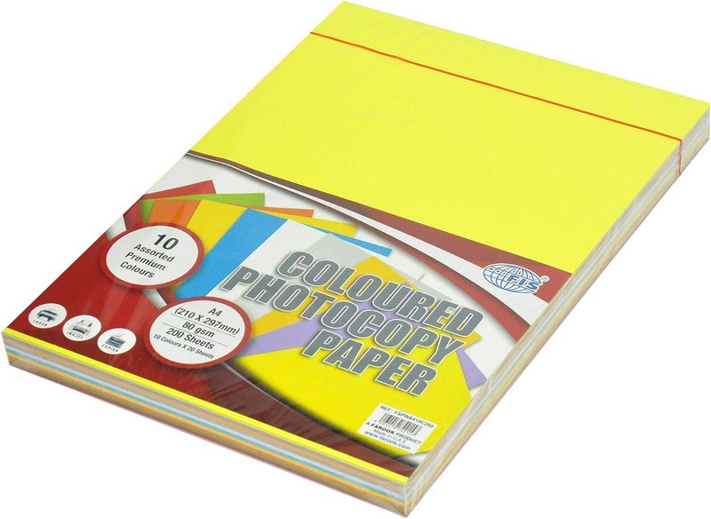 FIS Premium Color Photocopy Paper, 200 Sheets, 80 gsm, A4 Size - Assorted Colors - Image 1