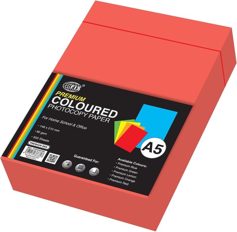 FIS Premium Coloured Photocopy Paper, A5 Size, 500 Sheets, 80 GSM, Premium Red A5 - Image 1