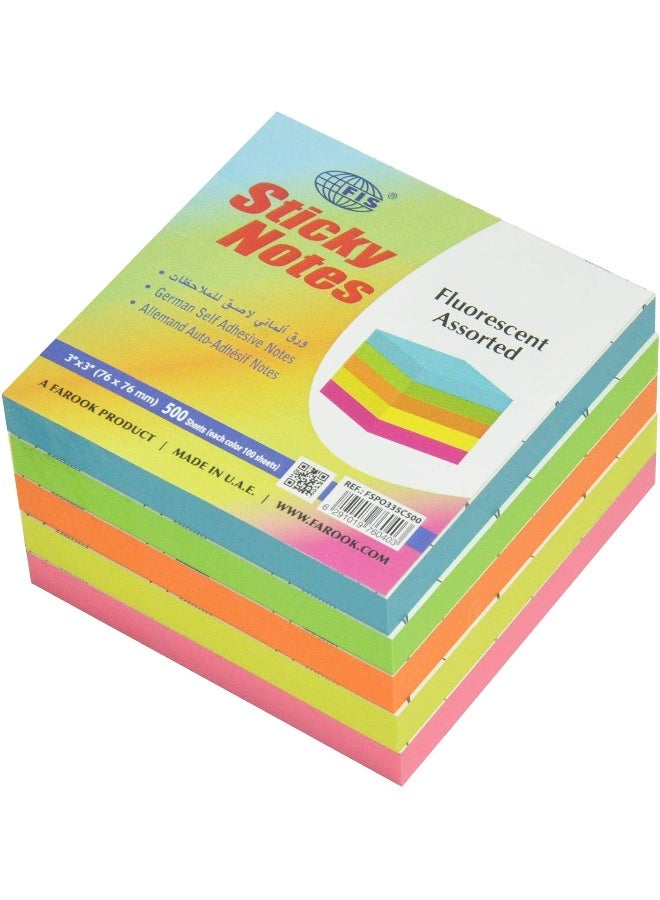 FIS Sticky Note Pads, Assorted Fluorescent Colors, 500 Sheets, 3 x 3 Inch Multicolour