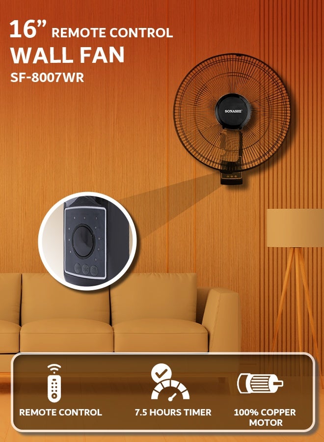 SONASHI 16 Inch Wall Fan with Remote Control |60W| 1250 RPM| 3 Speed And Oscillation Functions |5 Transparent Blades With Low Noise Motor | Overheat Protection|SF-8007WR Black SF-8007-WR-BLK Black - Image 1