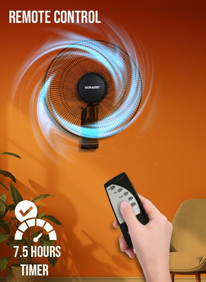 SONASHI 16 Inch Wall Fan with Remote Control |60W| 1250 RPM| 3 Speed And Oscillation Functions |5 Transparent Blades With Low Noise Motor | Overheat Protection|SF-8007WR Black SF-8007-WR-BLK Black - Image 2