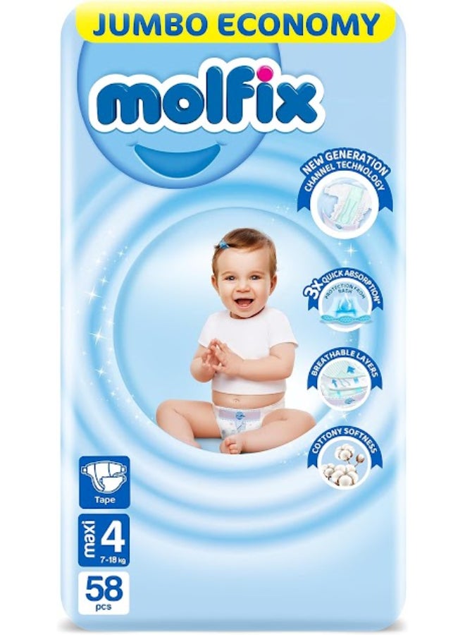 Molfix - 58-Piece Maxi Comfortfix Diapers 3D Jumbo Promo Pack Size 4 (7 - 18 Kgs)- Packaging may vary - Image 1
