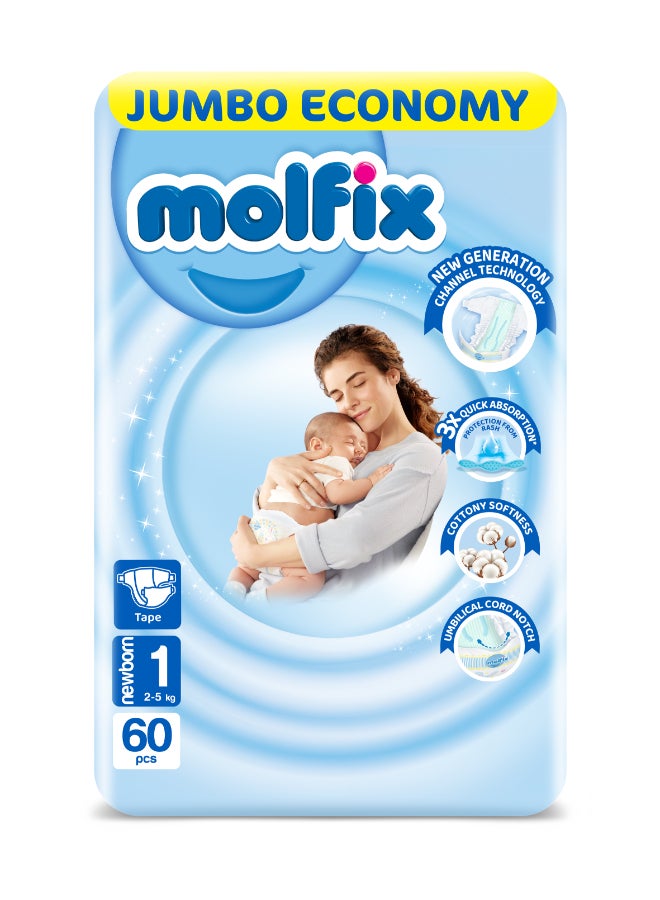 Molfix 60 Piece -Comfort Fix Diapers 3D Size 1 Newborn 2-5 Kg  Jumbo Promo - Packaging may vary 