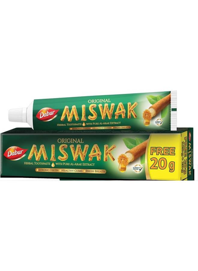 Dabur Miswak Herbal Fresh Toothpaste 120gm + 20gm Free | With Pure Al-Arak Extract | Strong Teeth & Healthy Gums (Packaging may vary) 140grams 